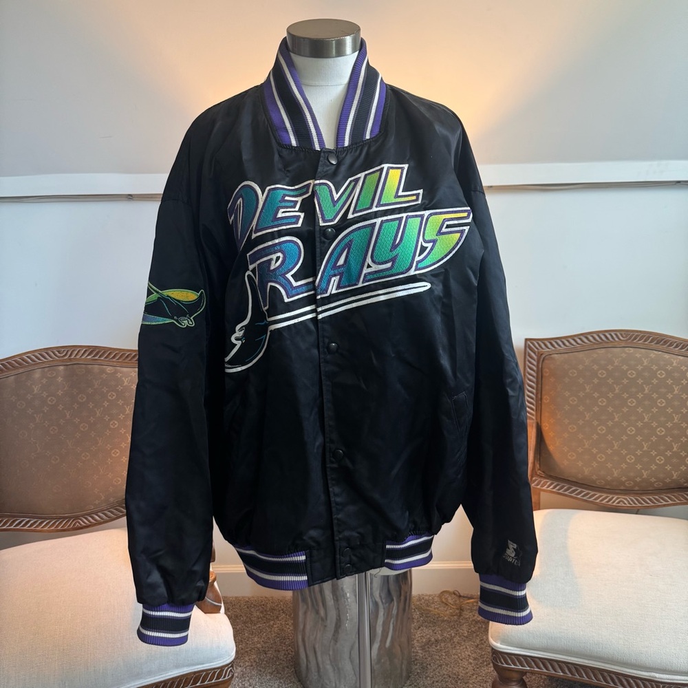 Vintage 90s MLB Devil Rays Black Satin Varsity Bomber Jacket by Starter